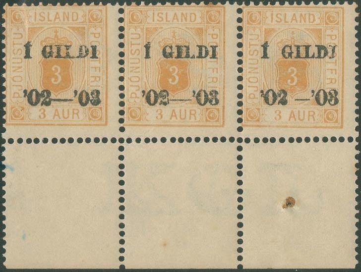 Yvert et Tellier ISLANDE N°10B Bande de 3 Neuf avec gomme intacte