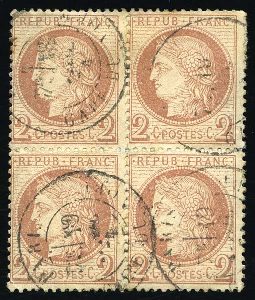 Yvert et Tellier Cérès dentelé 1871 1875 N°51 Bloc de 4 Oblitéré