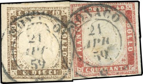 Yvert et Tellier MONACO 2 Oblitérations sur timbres sardes N°11 + 13 Individuel Oblitéré