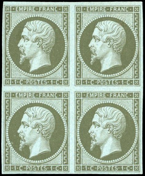 Yvert et Tellier Empire non dentelé 1853 1860 N°11 Bloc de 4 Neuf avec gomme