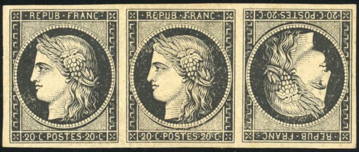 Yvert et Tellier Cérès 1849 1850 N°3d Bande de 3 Neuf avec gomme