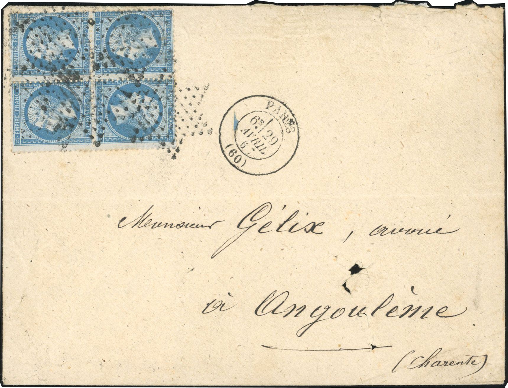 Yvert et Tellier Empire dentelé 1862 N°22b Bloc de 4 Oblitéré