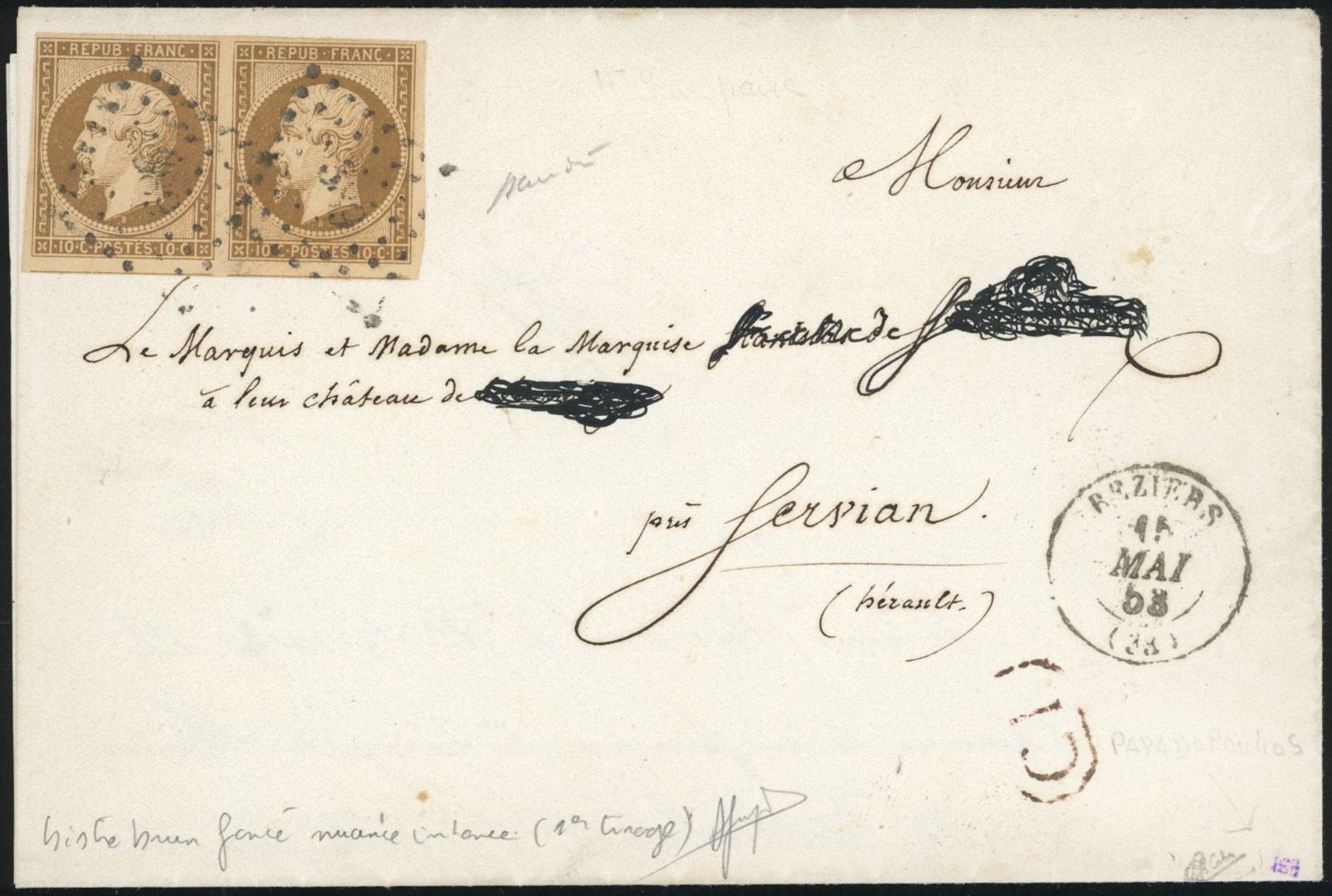 Yvert et Tellier Présidence 1852 N°9d Paire Oblitéré