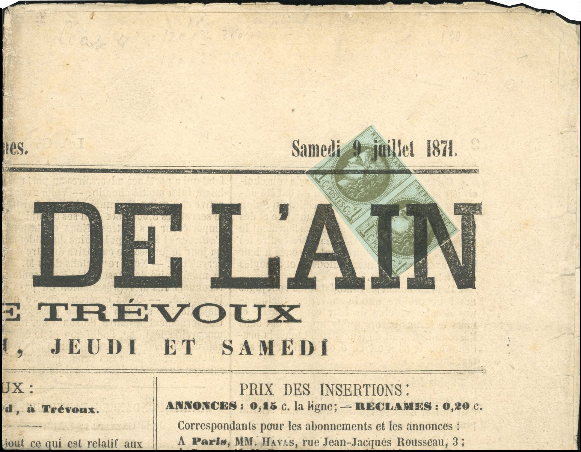 Yvert et Tellier Emission de Bordeaux 1870 1871 N°39A Paire Oblitéré