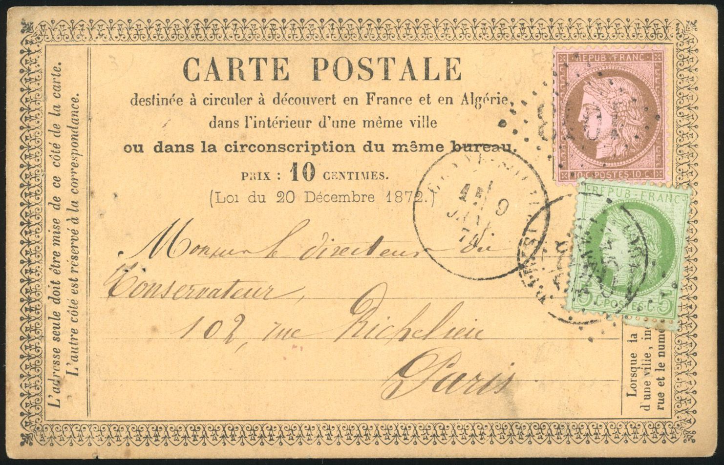 Yvert et Tellier Cérès dentelé 1871 1875 N°53 + 58 Individuel Oblitéré