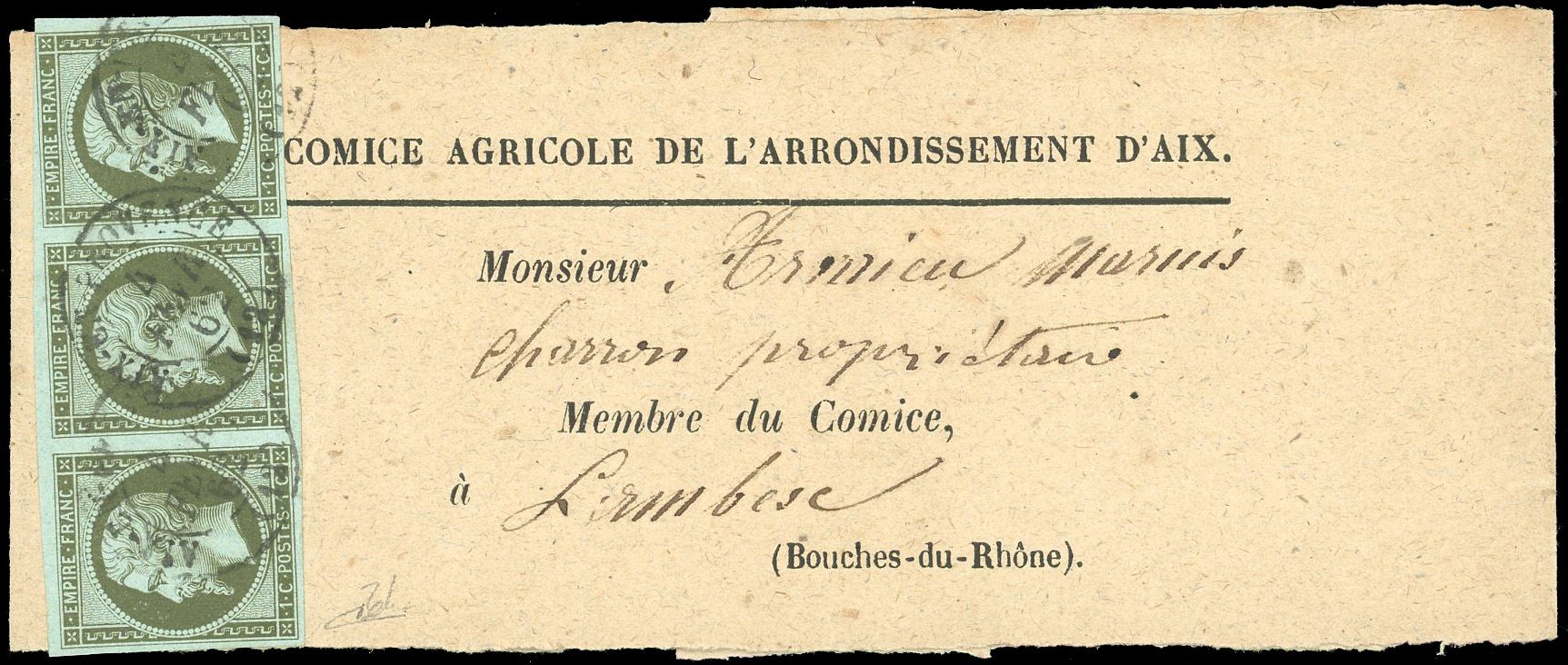 Yvert et Tellier Empire non dentelé 1853 1860 N°11 Bande de 3 Oblitéré