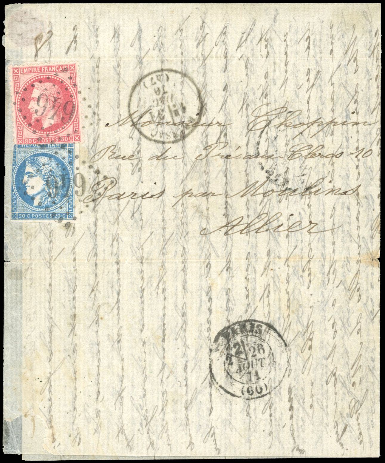 Yvert et Tellier Boule de Moulins 1870 N°32 + 44 Individuel Oblitéré