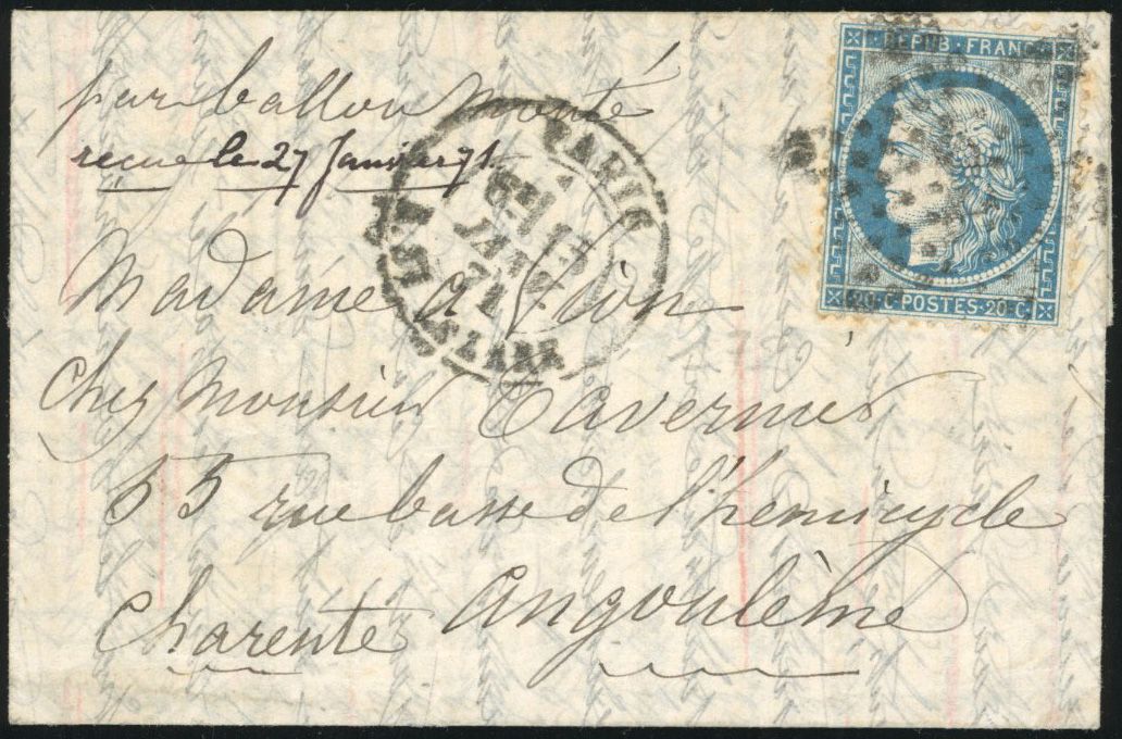 Yvert et Tellier Ballons Montés 1870 N°37 Individuel Oblitéré