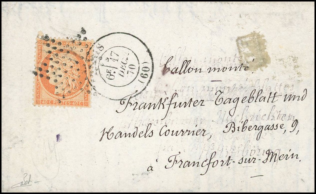 Yvert et Tellier Ballons Montés 1870 N°38 Individuel Oblitéré