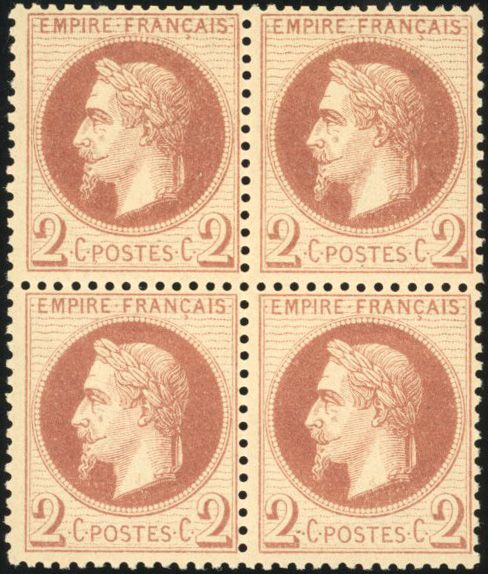 Yvert et Tellier Empire Lauré 1863 1870 N°26B Bloc de 4 Neuf avec gomme intacte