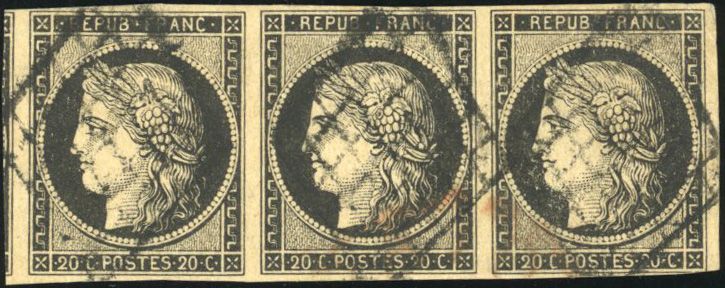 Yvert et Tellier Cérès 1849 1850 N°3 Bande de 3 Oblitéré