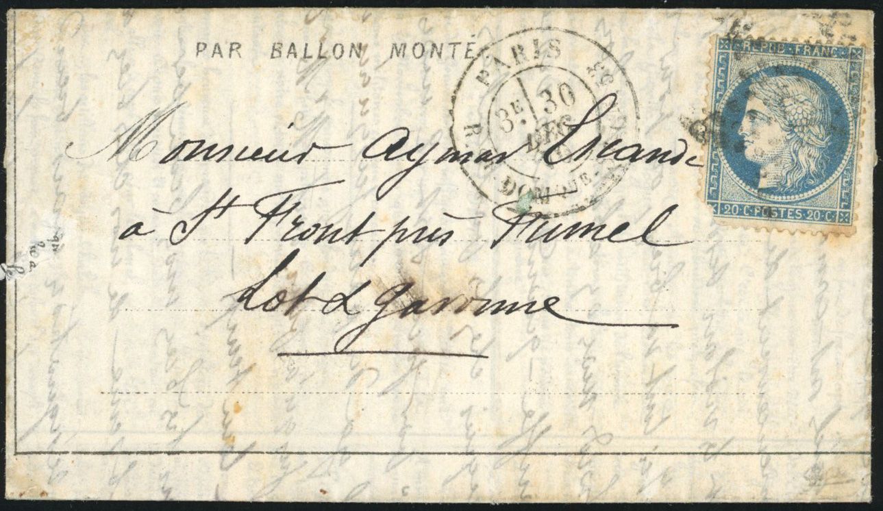 Yvert et Tellier Ballons Montés 1870 N°37 Individuel Oblitéré