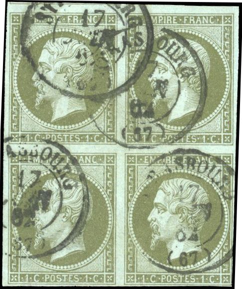 Yvert et Tellier Empire non dentelé 1853 1860 N°11c Bloc de 4 Oblitéré