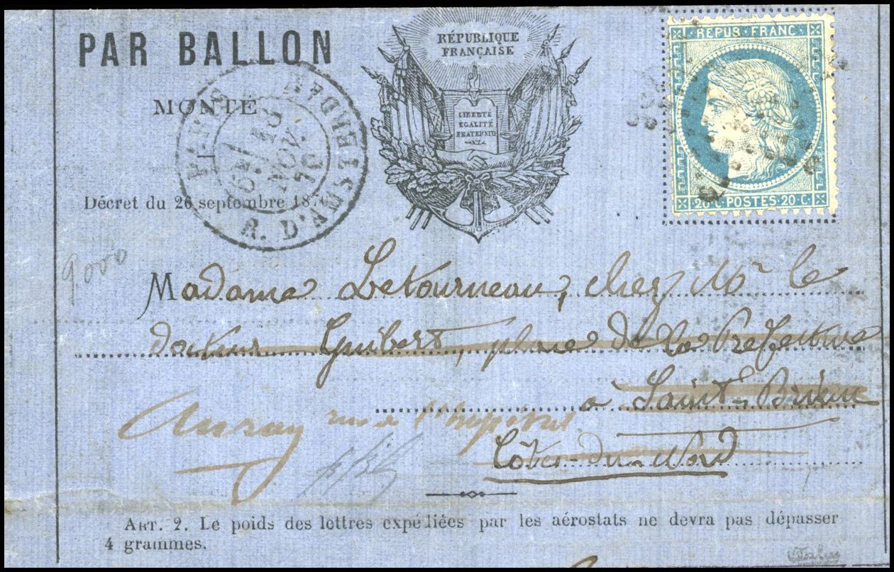 Yvert et Tellier Ballons Montés 1870 N°37 Individuel Oblitéré