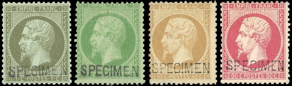 Yvert et Tellier Empire dentelé 1862 N°19f + 20f + 21c + 24d Individuel Neuf avec gomme