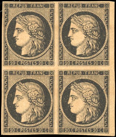 Yvert et Tellier Cérès 1849 1850 N°3 Bloc de 4 Neuf avec gomme