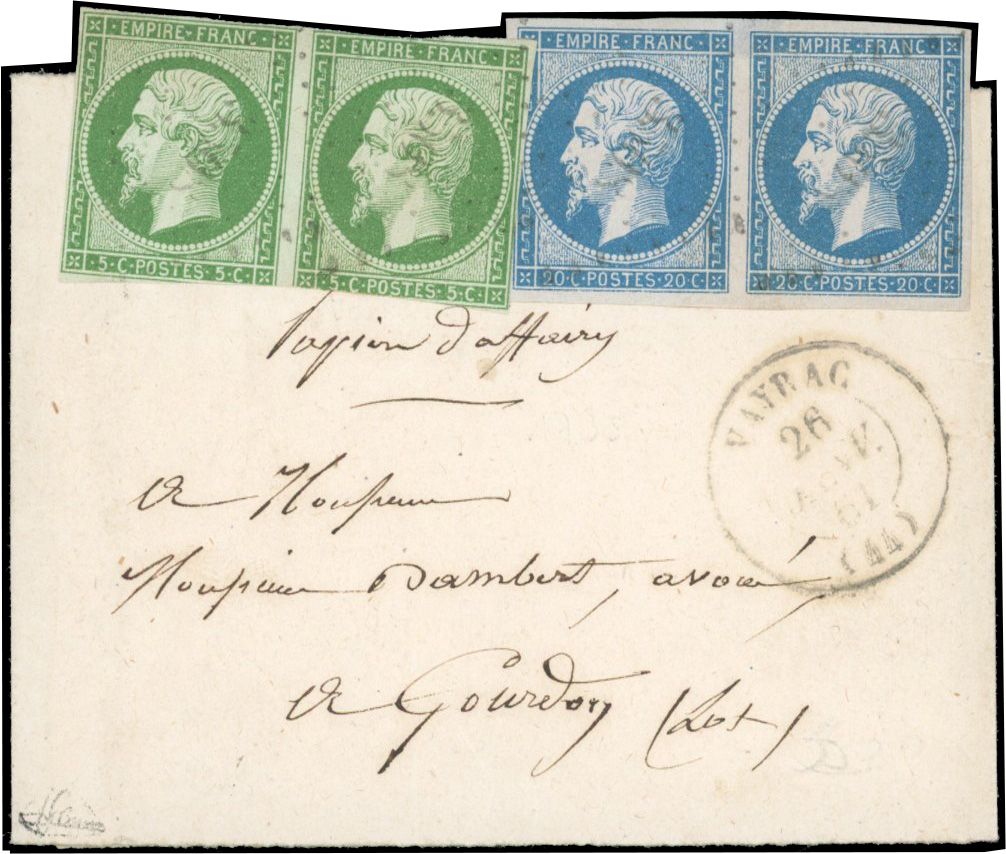 Yvert et Tellier Empire non dentelé 1853 1860 N°12+ 14 Paire Oblitéré