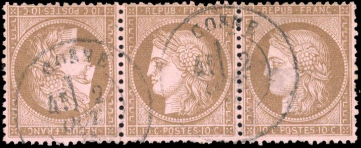 Yvert et Tellier Cérès dentelé 1871 1875 N°58c Bande de 3 Oblitéré