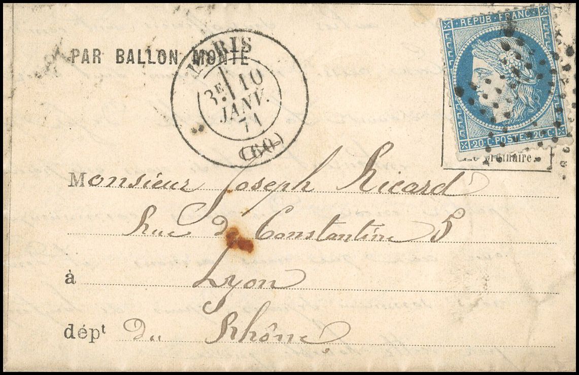 Yvert et Tellier Ballons Montés 1870 N°37 Individuel Oblitéré