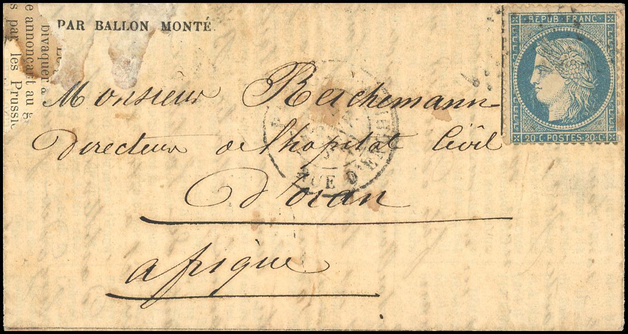 Yvert et Tellier Ballons Montés 1870 N°37 Individuel Oblitéré