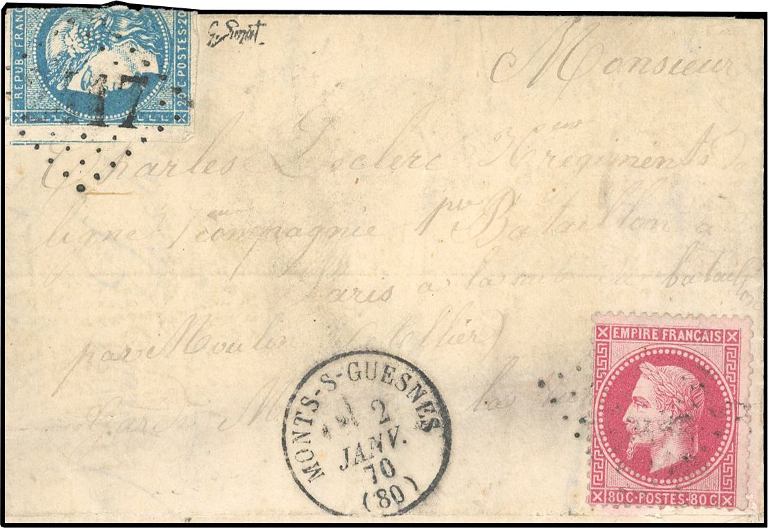 Yvert et Tellier Boule de Moulins 1870 N°32 + 44 Individuel Oblitéré