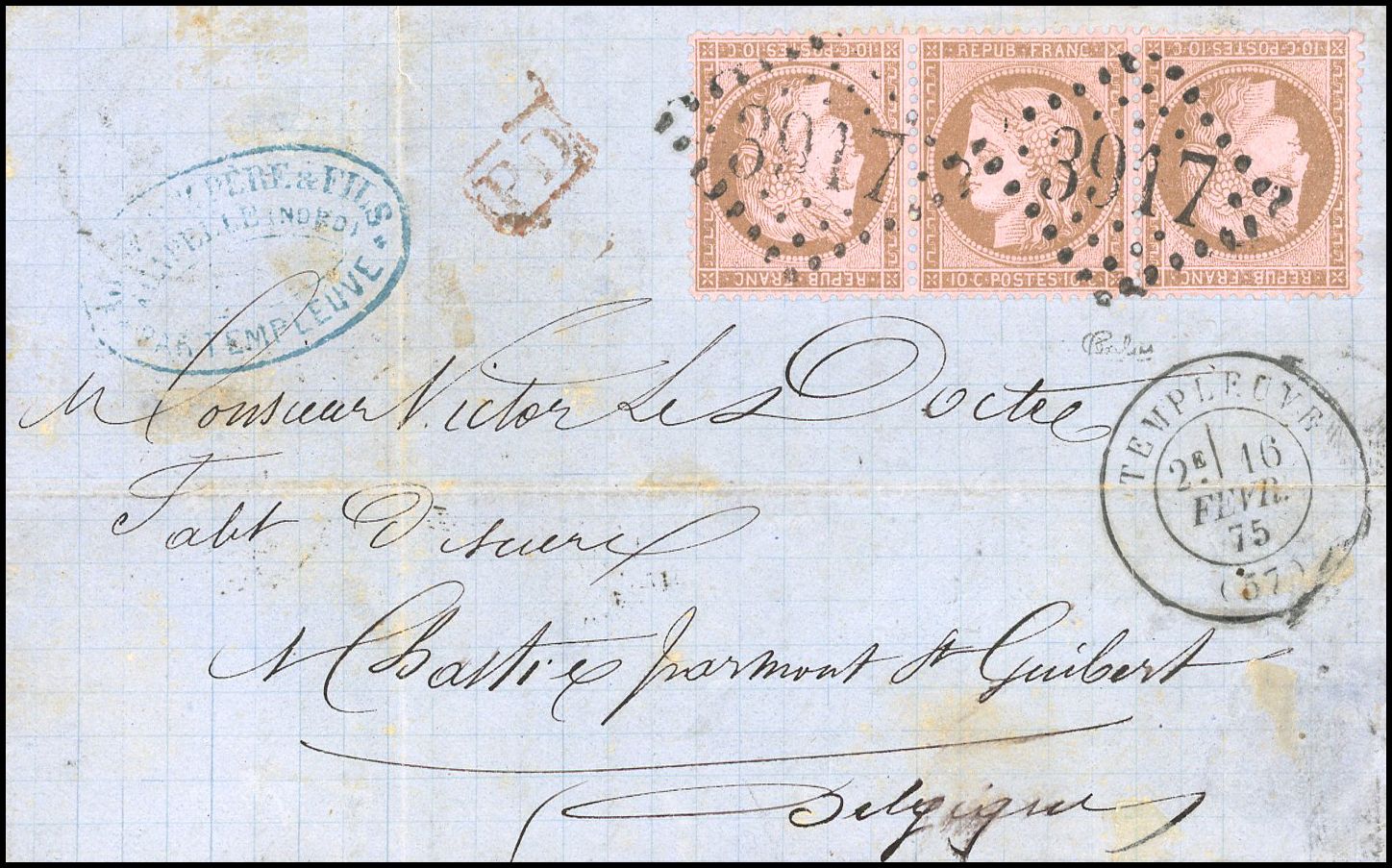 Yvert et Tellier Cérès dentelé 1871 1875 N°58c Bande de 3 Oblitéré